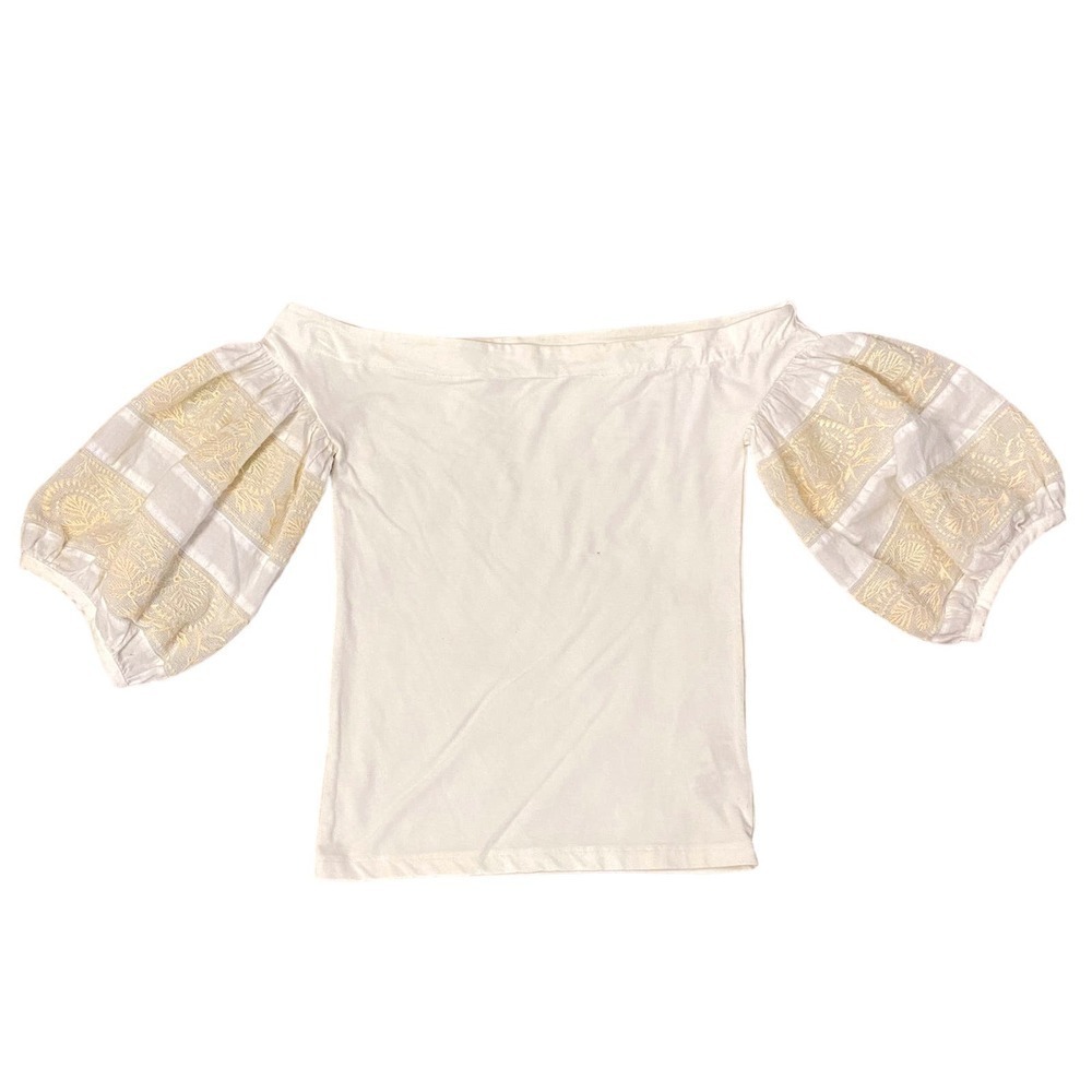 Free People Puff Sleeve Off Shoulder Ivory Lace Panel Blouse Top XS